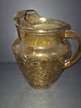 Vintage Anchor Hocking 1960s Spring Song Yellow Amber Daisy Glass Tea Pitcher